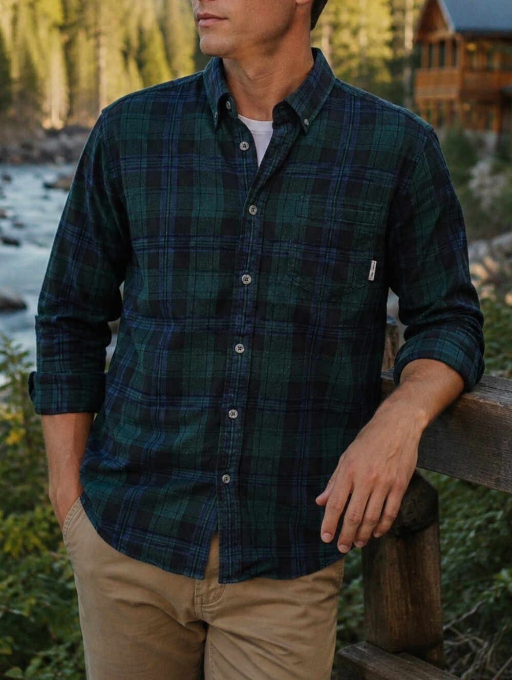 Eddie Bauer Men’s Green Navy Plaid Cotton Button Down Flannel Shirt Casual